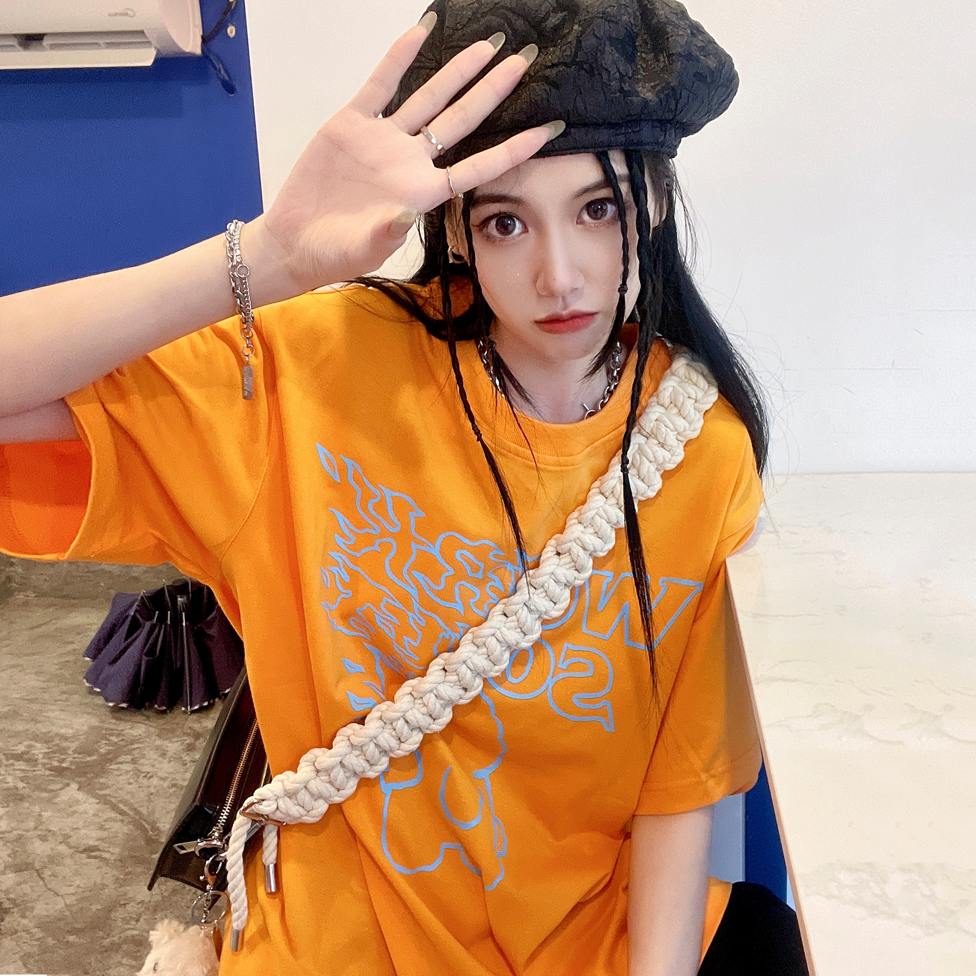 夏季显白WORKSOUT火焰小熊短袖男女国潮牌情侣嘻哈潮流宽松T恤