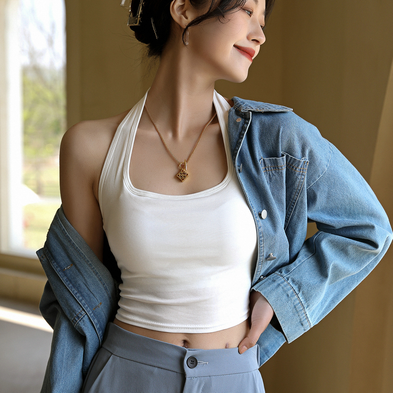 挂脖吊带背心夏季纯棉带胸内衣一体抹胸美背背心吊带