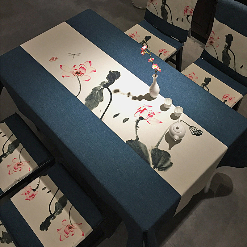 新中式荷花椅垫布餐茶几棉麻椭圆形水墨画古风桌布桌布