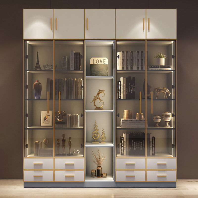 北欧玻璃门整墙书柜简约现代置物柜落地家用轻奢组合书柜