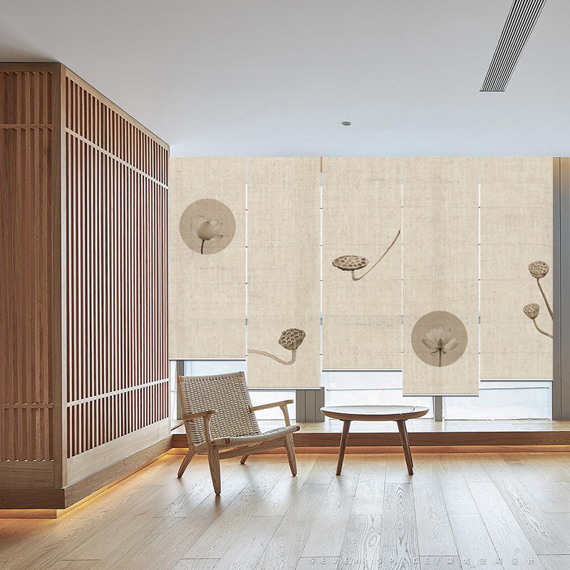 禅意手拉素色荷花定制隔断电动吊帘升降亚麻卷帘