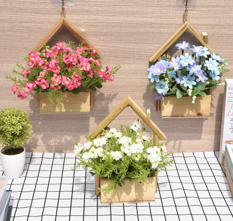 装饰花篮木房子墙壁壁挂花盆摆件客厅新款插花仿真绿植