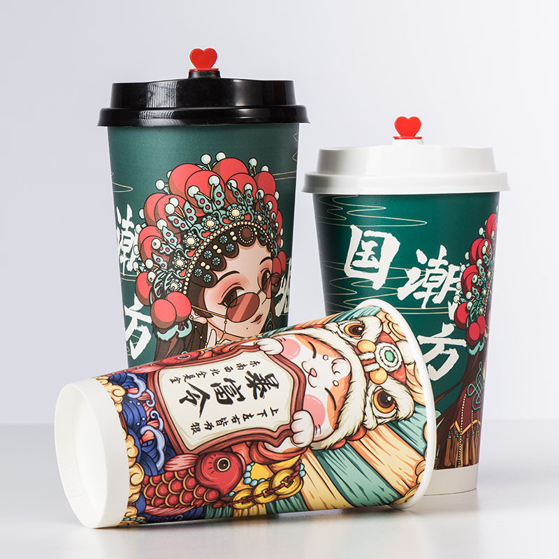 国潮奶茶杯子一次性带盖500ml700ml网红热饮批发口径塑杯