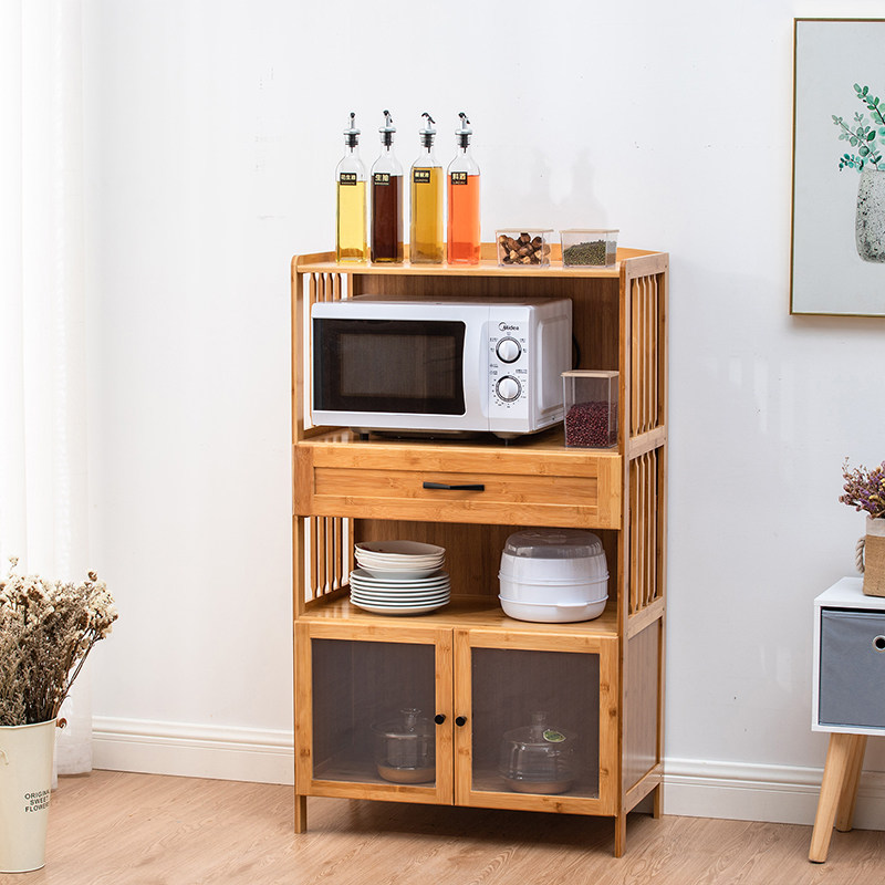 厨房碗柜收纳家用简易碗碟调料储物柜微波炉竹制厨房置物架