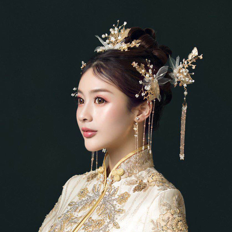 元语新娘古装头饰婚礼金色发饰套装凤冠霞帔流苏发饰