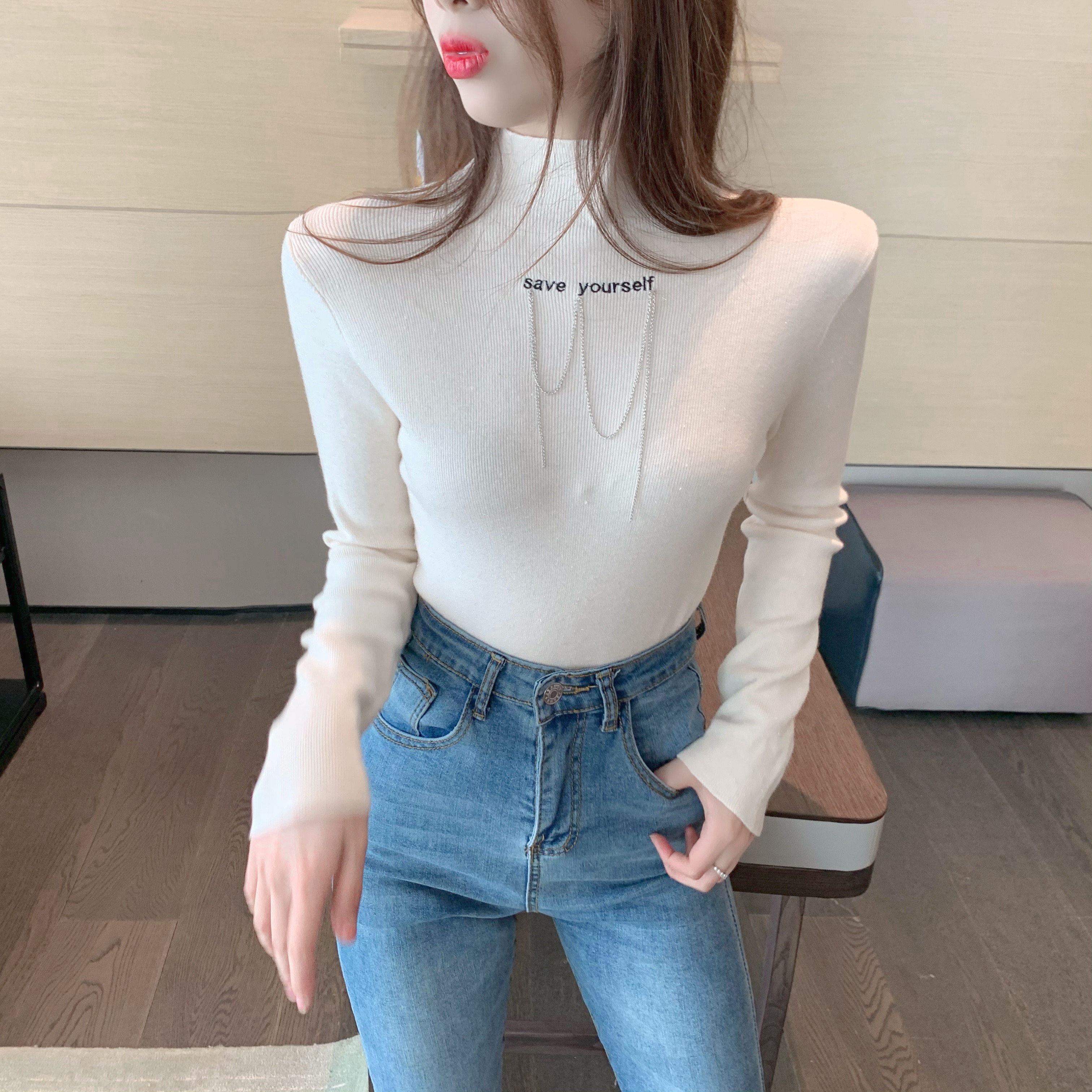 2020other其他半高高领薄款闪光亮丝洋气紧身内搭毛针织衫