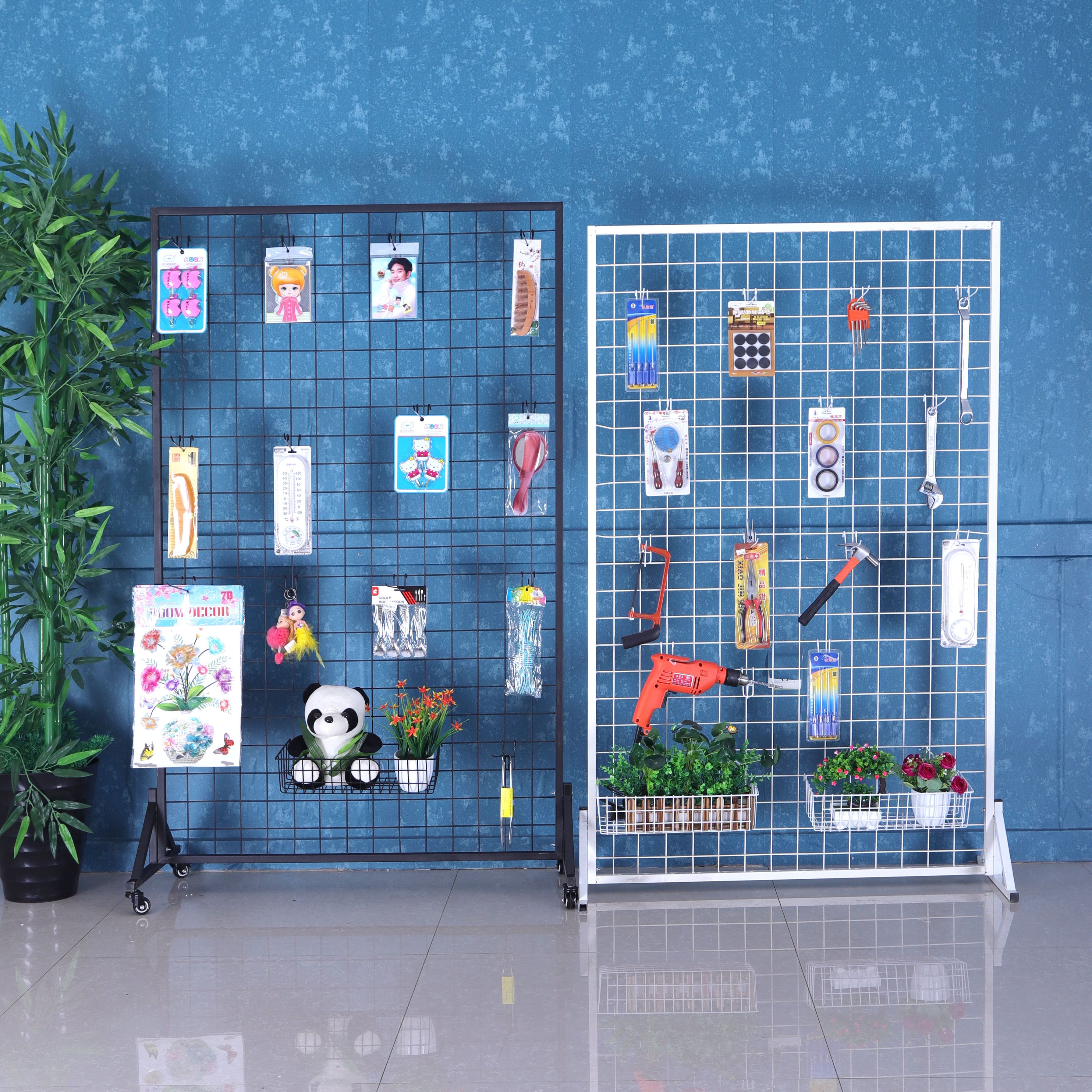 立式铁艺网架落地移动网片超市铁丝网格网架展会幼儿园饰品展示架
