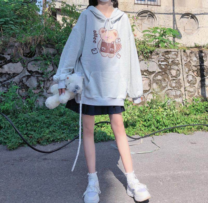 jk可爱少女甜美小熊秋冬宽松连帽春秋卫衣女cosplay女装