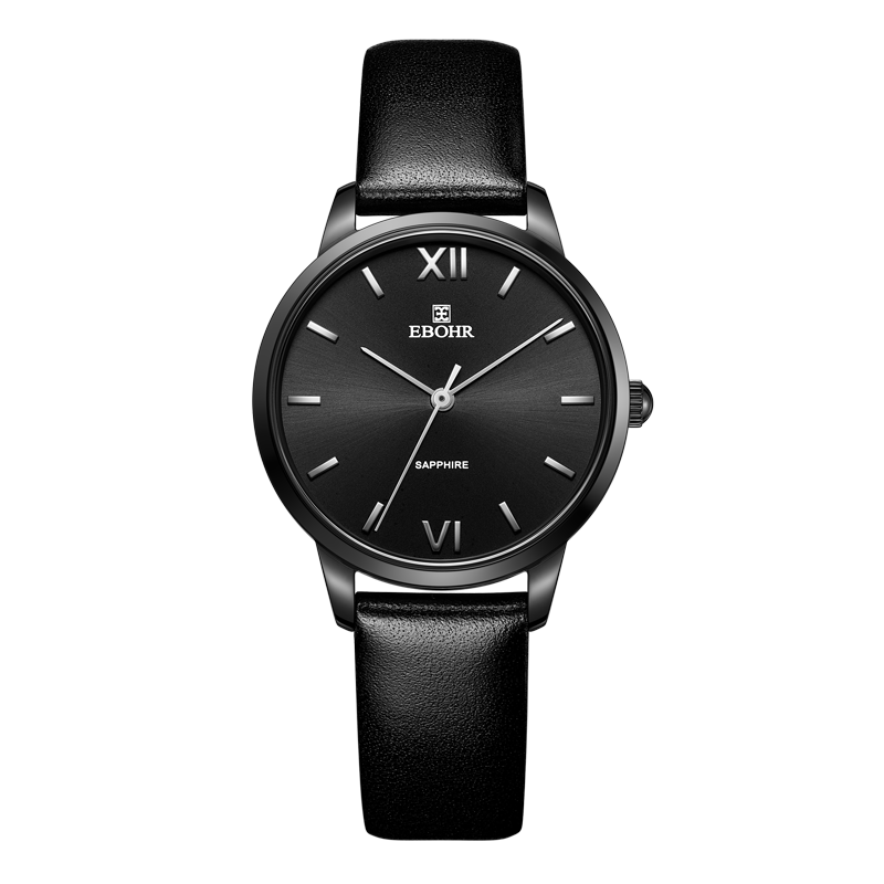 依波ebohr手表大师系列银色表针黑色表面皮带国产腕表