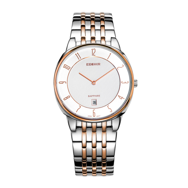 ebohr依波时尚手表玫瑰金色钢带超薄石英男表情侣表国产腕表