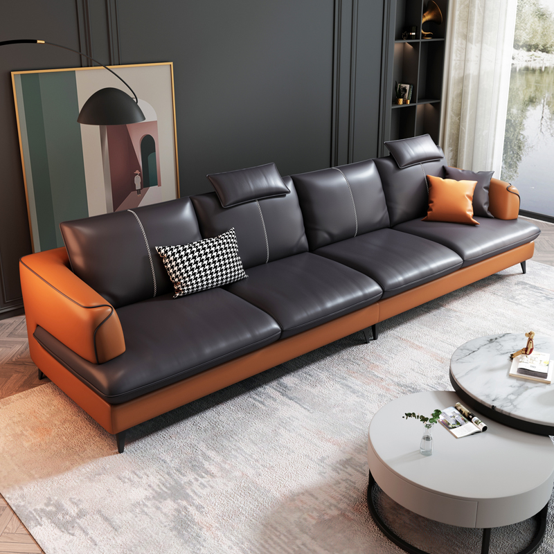意式真皮沙发头层牛皮贵妃转角组合大小户型客厅时尚拼色乳胶北欧
