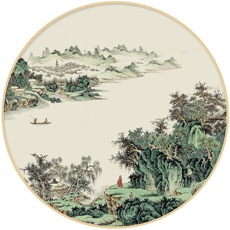新中式禅意国画圆形玄关山水画风水靠山招财客厅现代装饰画