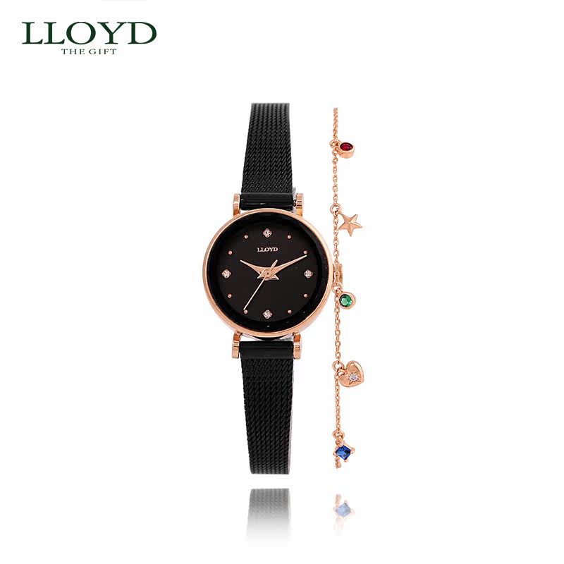 lloyd劳埃德正品手表女 黑色钢带手表搭配手链小众腕表品牌限定款