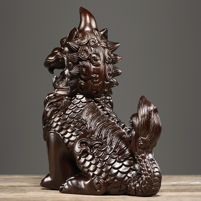 黑檀木雕龙生九子獬豸神兽摆件实木质客厅麒麟摆件红木工艺品装饰