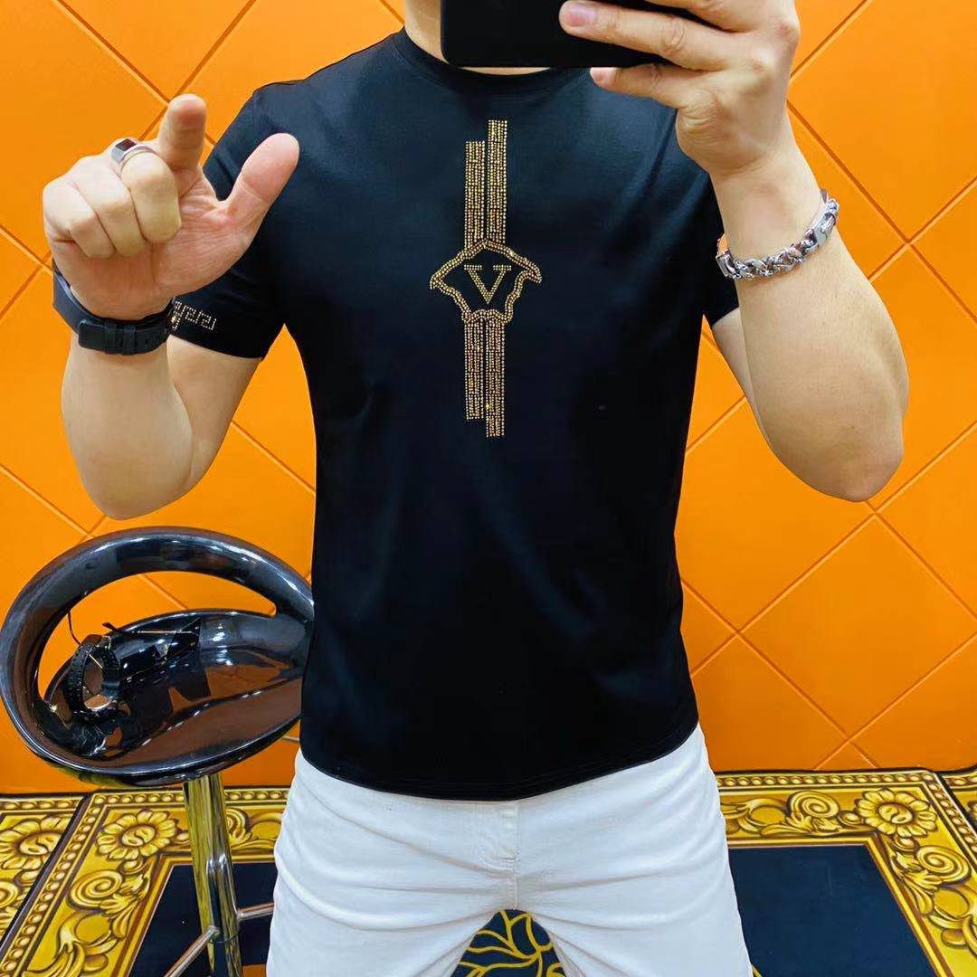 YW668欧货春秋抖音快手新款短袖圆领烫钻修身休闲商务T恤打底衫潮