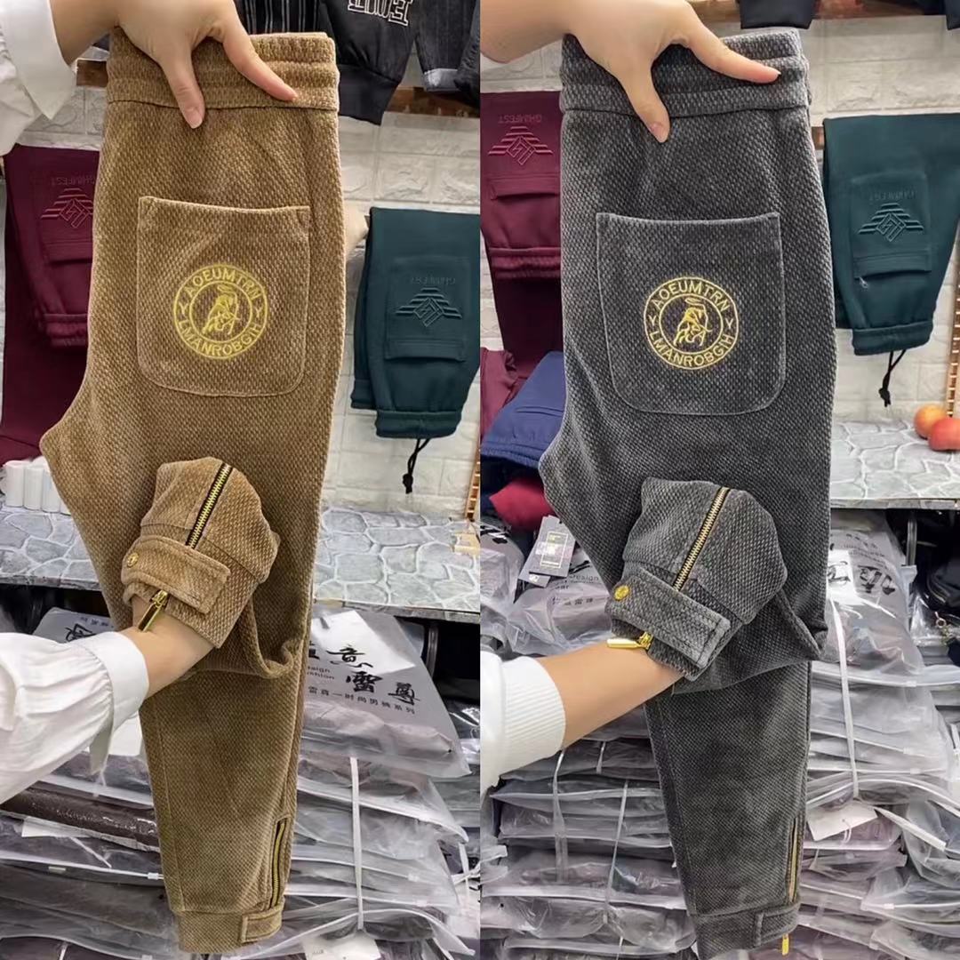 9158男士秋冬中腰灯芯绒口袋百搭休闲加厚长裤修身小脚精神裤子潮
