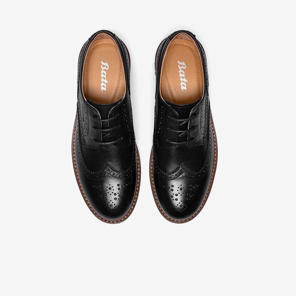 bata英伦风小皮鞋女2021秋商场新款雕花布洛克牛皮单鞋ake02cm1