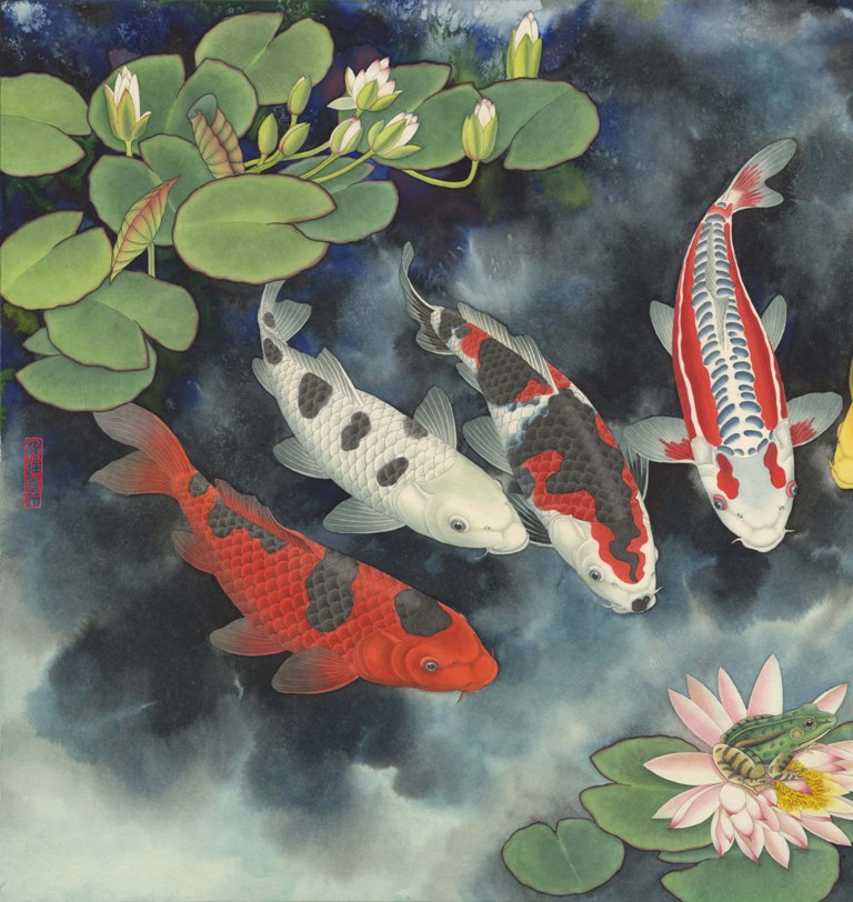 画家黄河工笔画鲤鱼作品吉祥锦鲤九鲤聚宝4尺国画