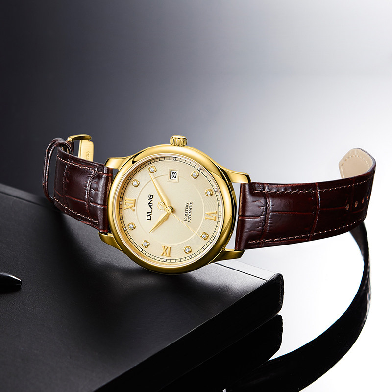 帝浪尊贵金尊贵24k电镀真钻天然腕表男女机械表国产腕表