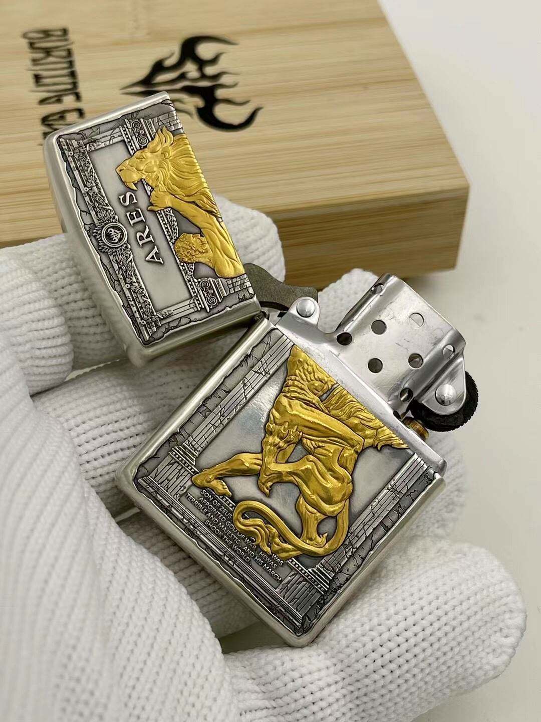 zippo打火机纯银盔甲宙斯之子战神阿瑞斯24k纯金zippo