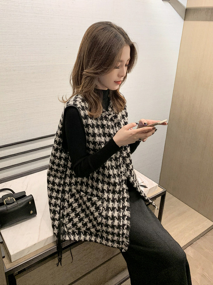 2021春秋新款女韩版坎肩外穿时尚背心千鸟格马甲女百搭马夹外套潮