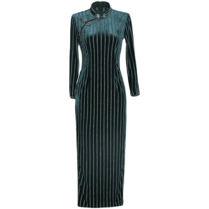 长袖旗袍长款竖条条纹显瘦改良连衣裙青年年轻旗袍