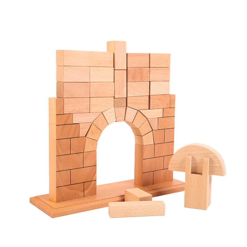 积木蒙氏感官教具罗马拱桥榉木原色构建平衡早教教具