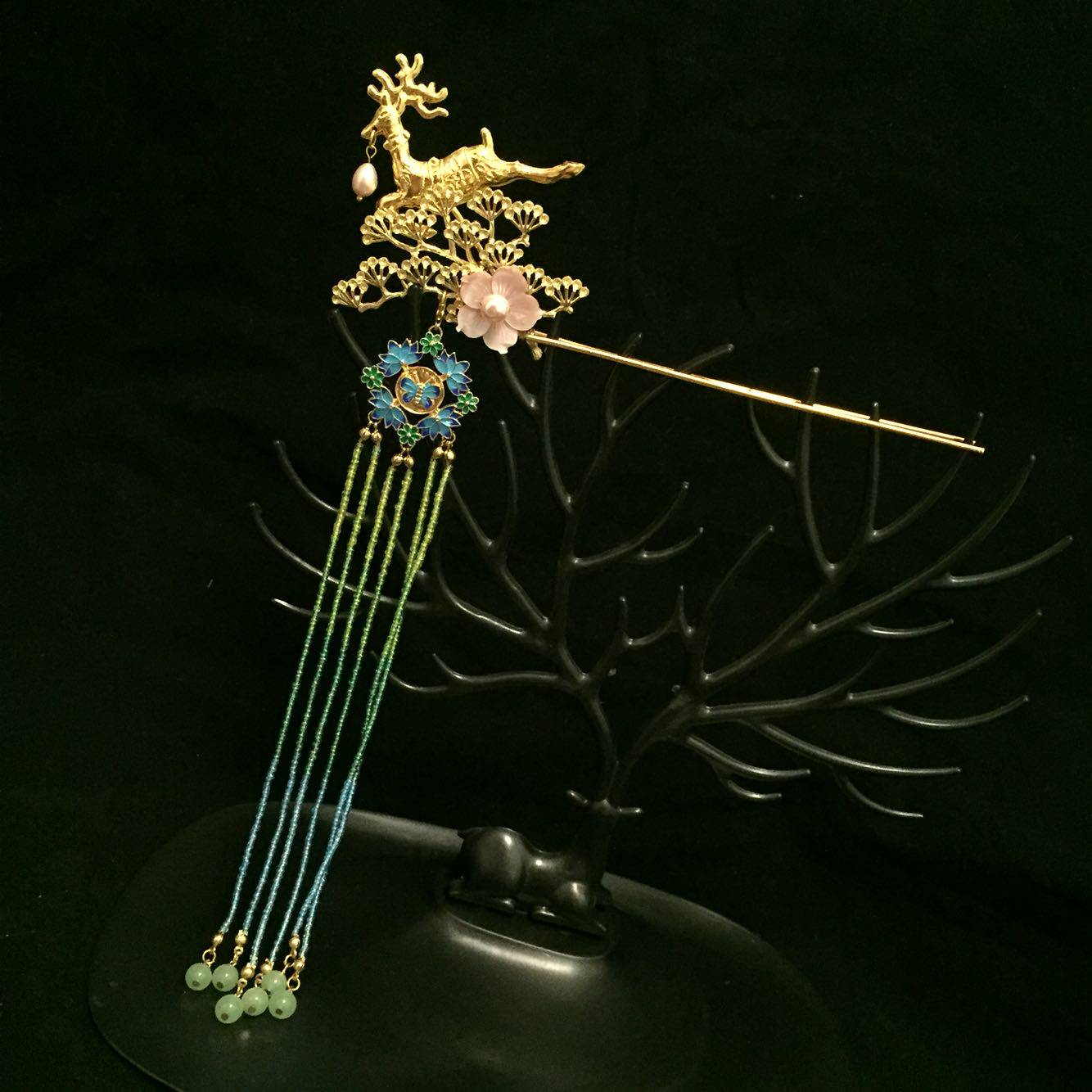 呦呦鹿鸣玉钗汉服发簪纯铜錾刻小鹿景泰蓝贝壳花流苏发饰