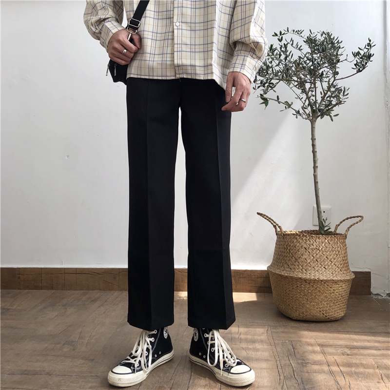 2022春夏港风垂感痞帅男裤子九分宽松黑色坠感阔腿直筒裤男休闲裤