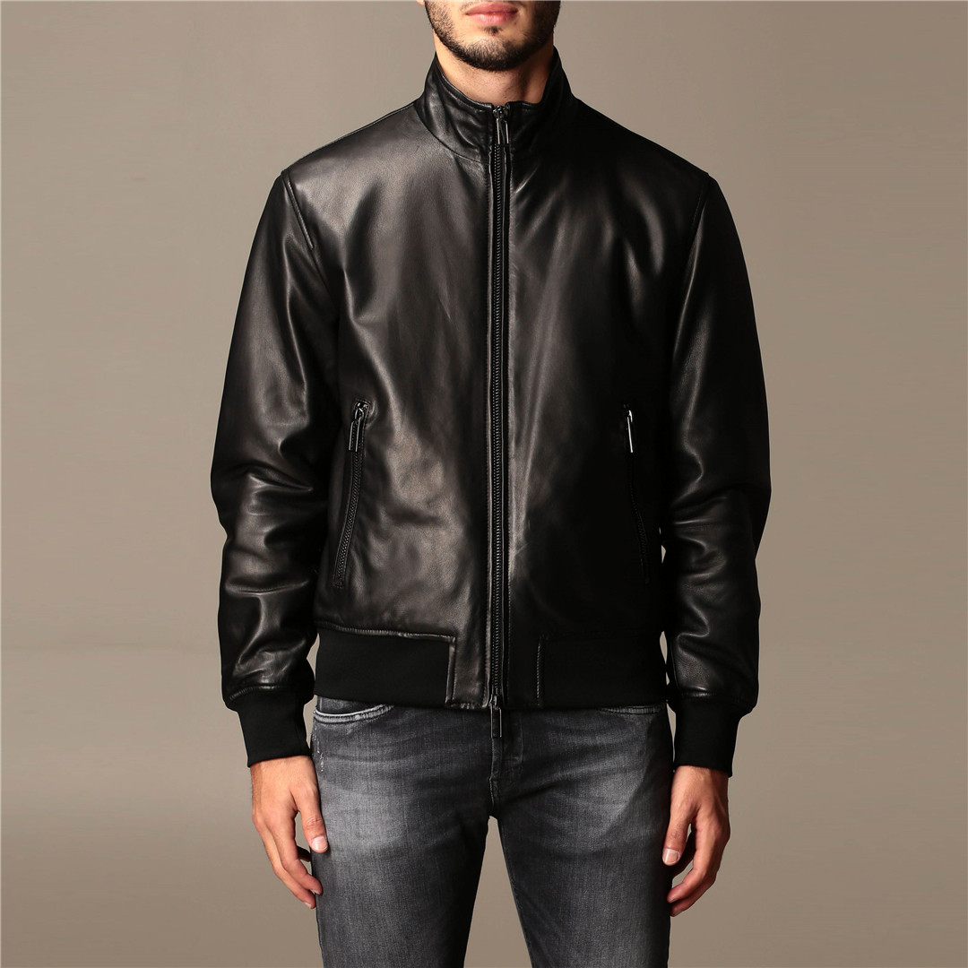 armani阿玛尼ea海外直邮男士立领真皮皮衣夹克皮衣