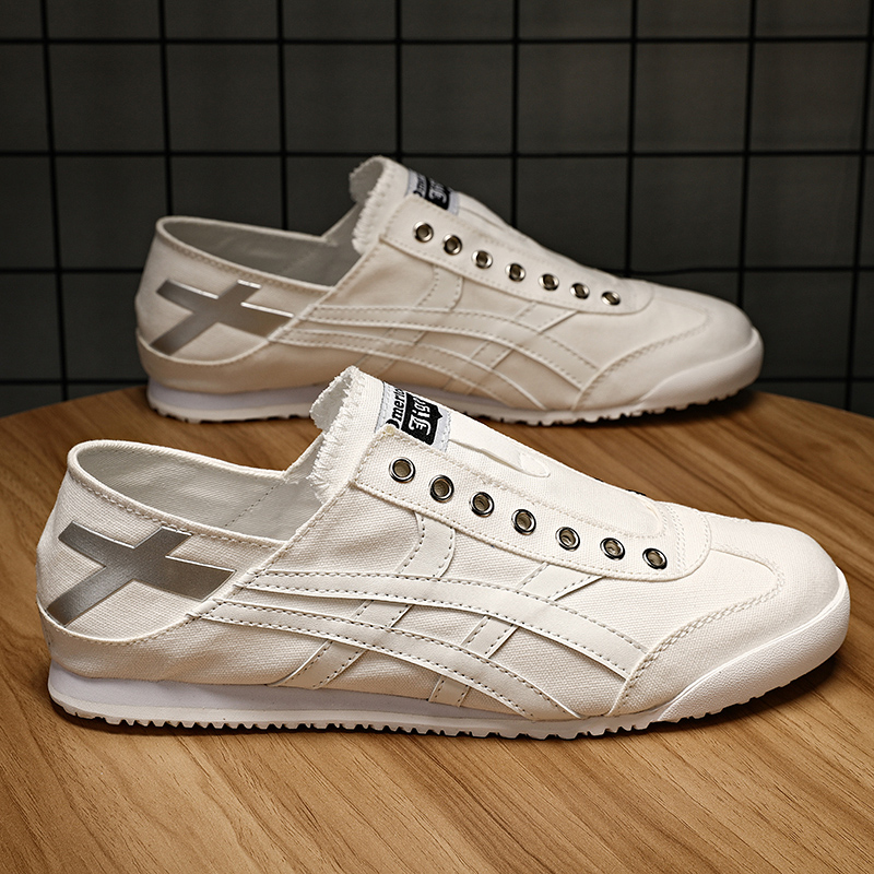 夏季帆布小白鞋男鞋子透气薄款阿甘潮流懒人白色豆豆鞋一脚蹬布鞋