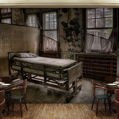 旧医院废墟诡异墙纸恐杀房间墙面装修壁纸画怖床装饰鬼屋主题剧本