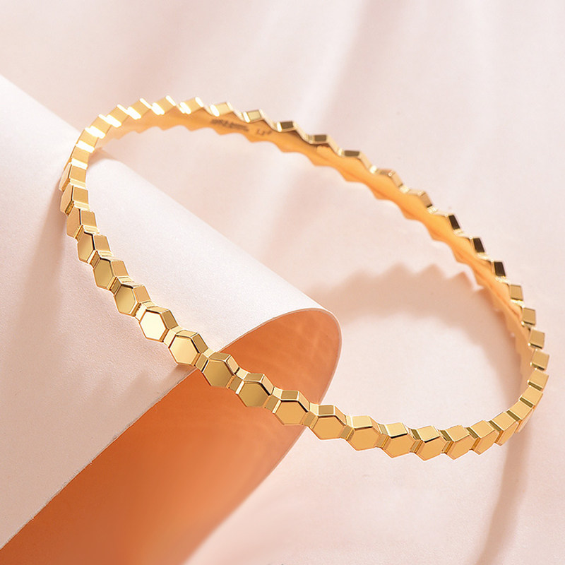 足金金足黄金手镯亮面蜂巢几何手环手镯