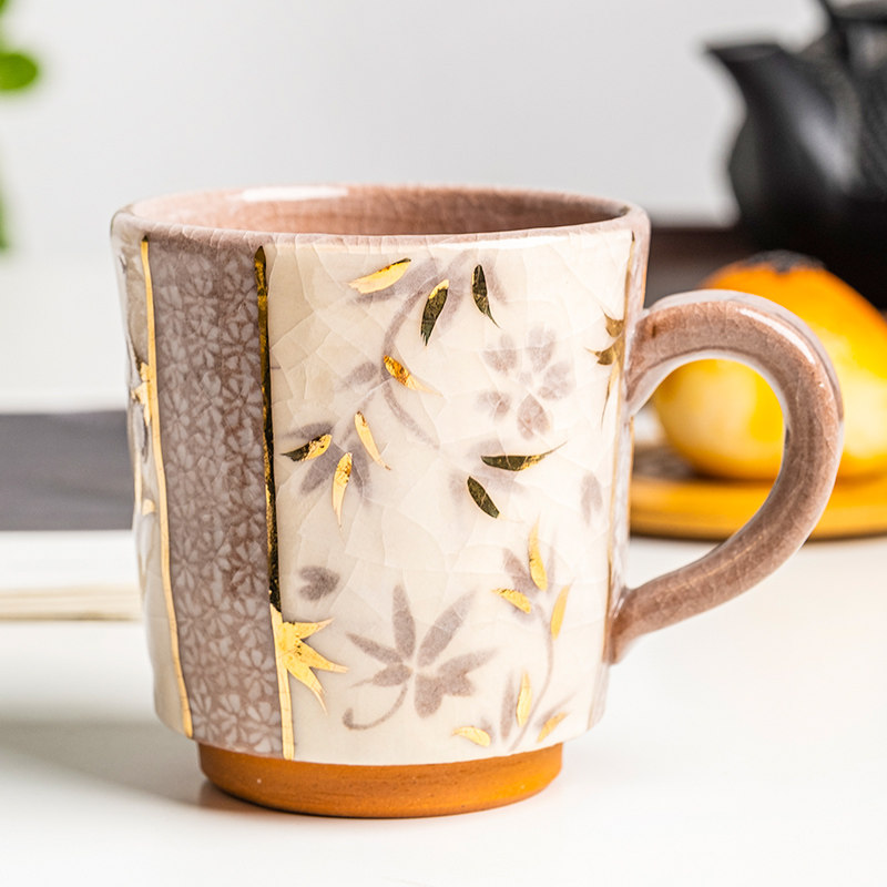 日本复古杯子水杯杯水马克裂纹陶瓷进口描金马克杯