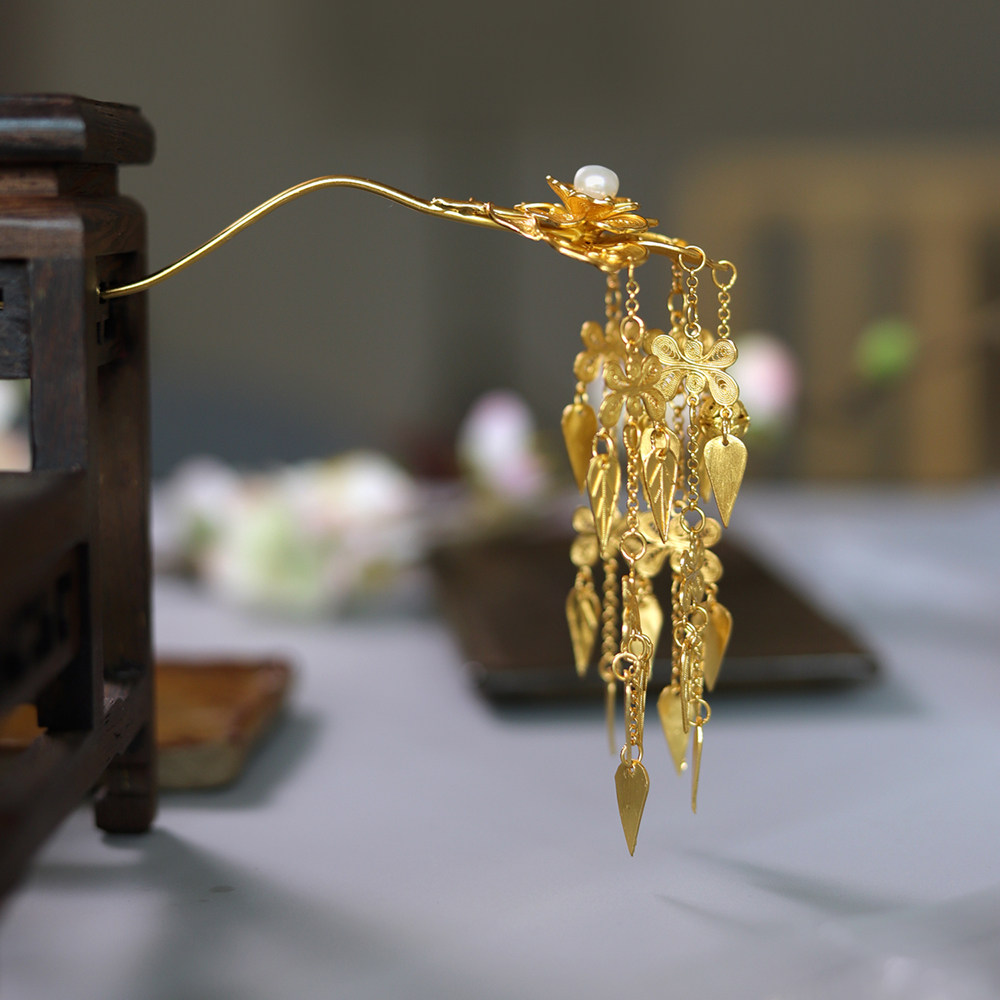 粉黛姑娘原创 99足银镀金三片树叶发簪 长流苏步摇 簪钗 发饰钗子