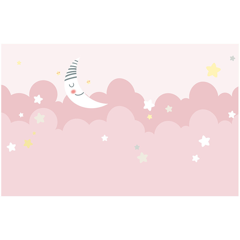 粉色星星月亮墙纸卡通儿童壁纸女孩卧室壁布定制壁画