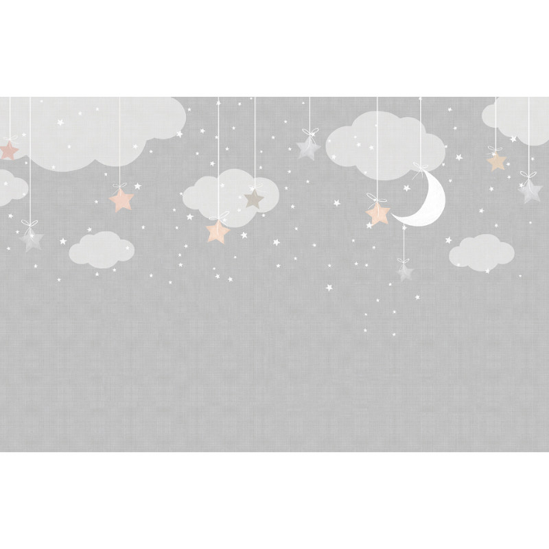 灰色星星云朵卡通墙纸女孩墙布儿童定制壁画