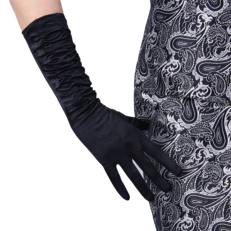 包邮丝绸手套38cm打褶褶皱弹性丝光珠光绸缎手套