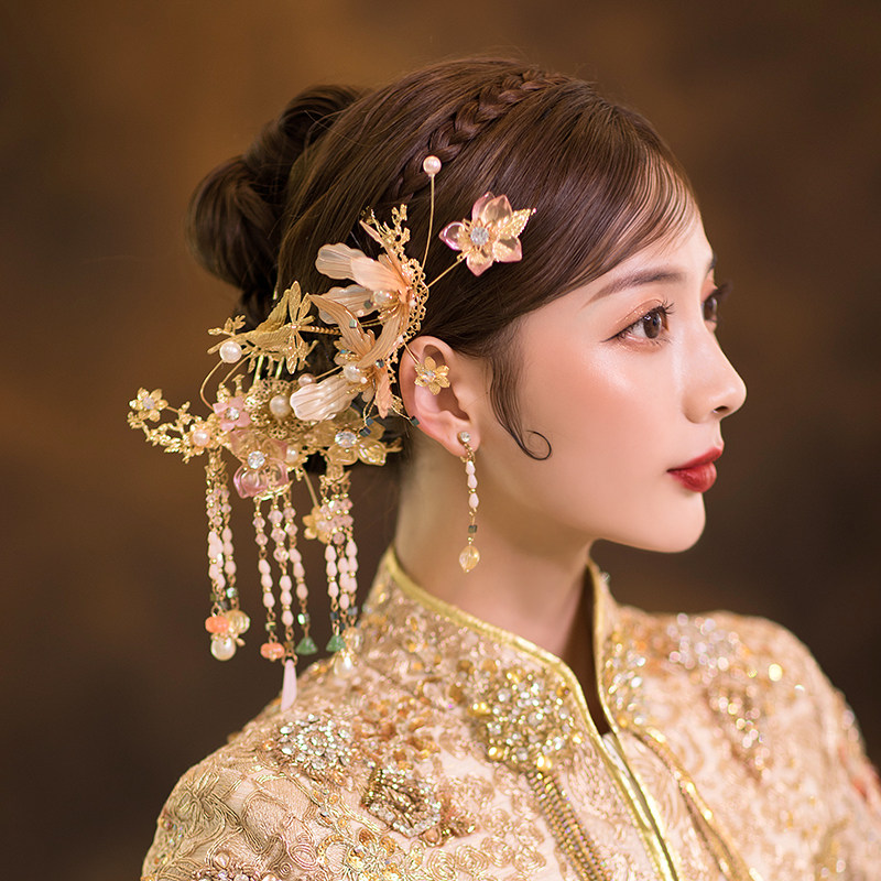 新娘发饰中式婚礼造花叶凤冠头饰古装金色华丽发饰