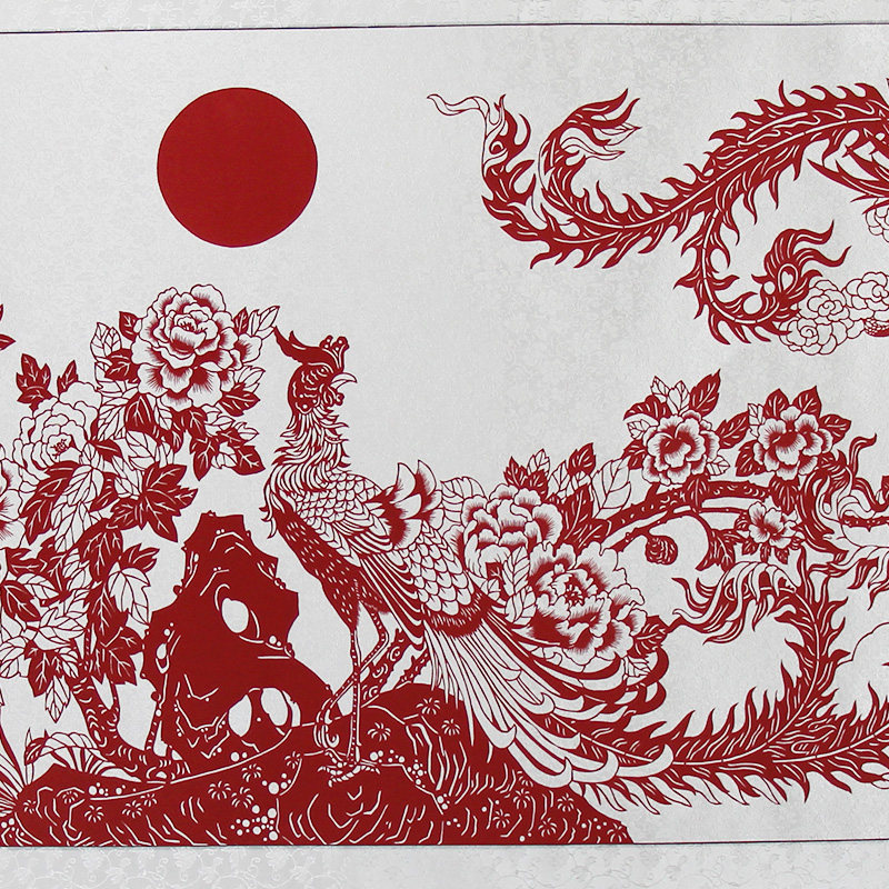 丹凤朝阳凤凰牡丹图中国风特色手工剪纸横轴中式剪纸