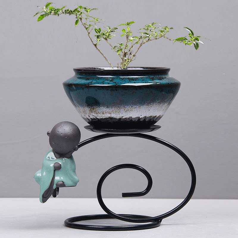 水培陶瓷花盆配铁件办公室桌面禅意哥窑创意个性简约花盆