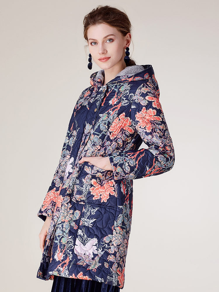 moreline沐兰秋冬长袖女装中长毛呢料帽里保暖印花棉衣