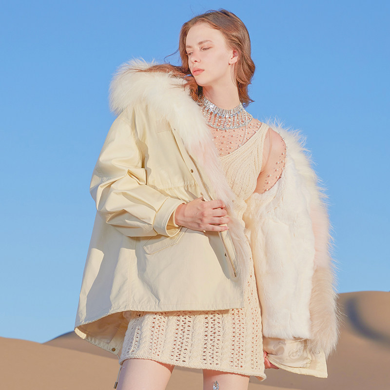 自营ozlana新款冬季派克外套女大毛领皮毛一体皮草