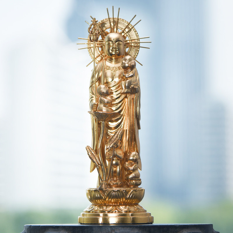 日本高冈铜器 秀雲作 24k镀金 地藏王 莲花水子地藏菩萨 佛像摆件
