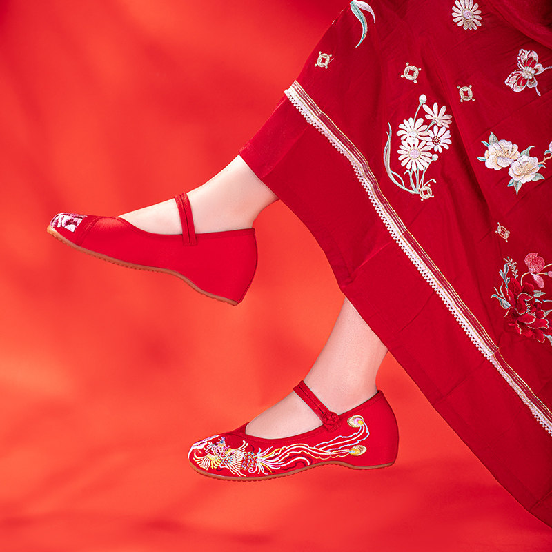 老北京布鞋红色中式鞋内增高一字扣圆头新娘结婚女秋布鞋