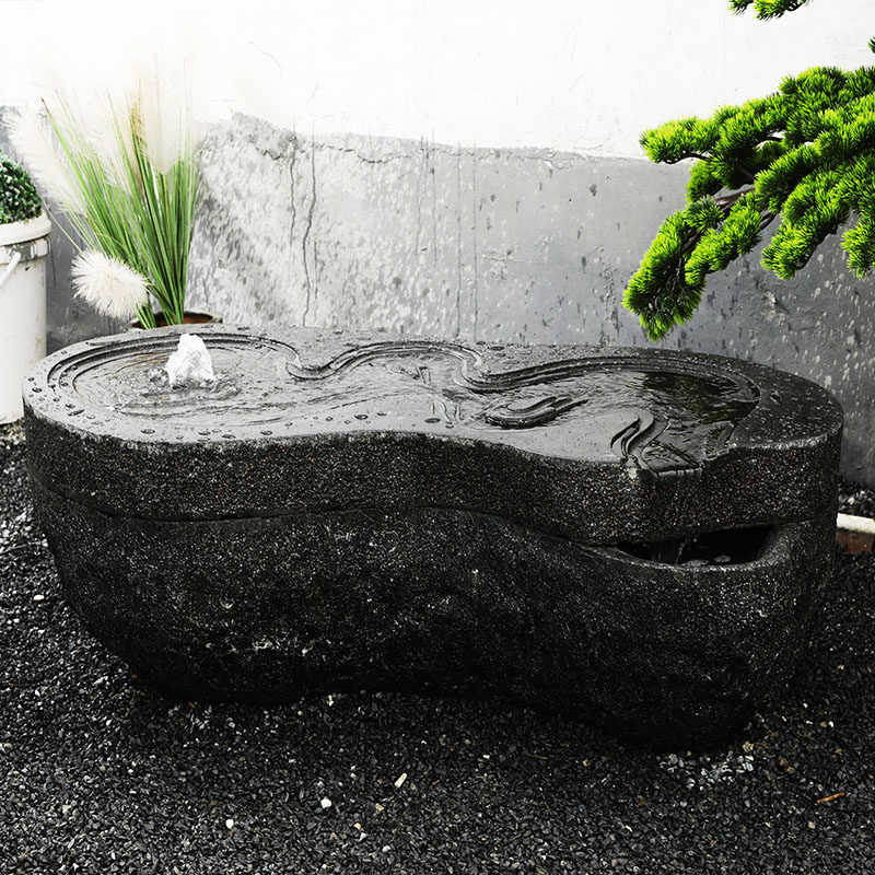 流水日式石钵禅意黑山山石水钵庭院养鱼池石盆新石雕