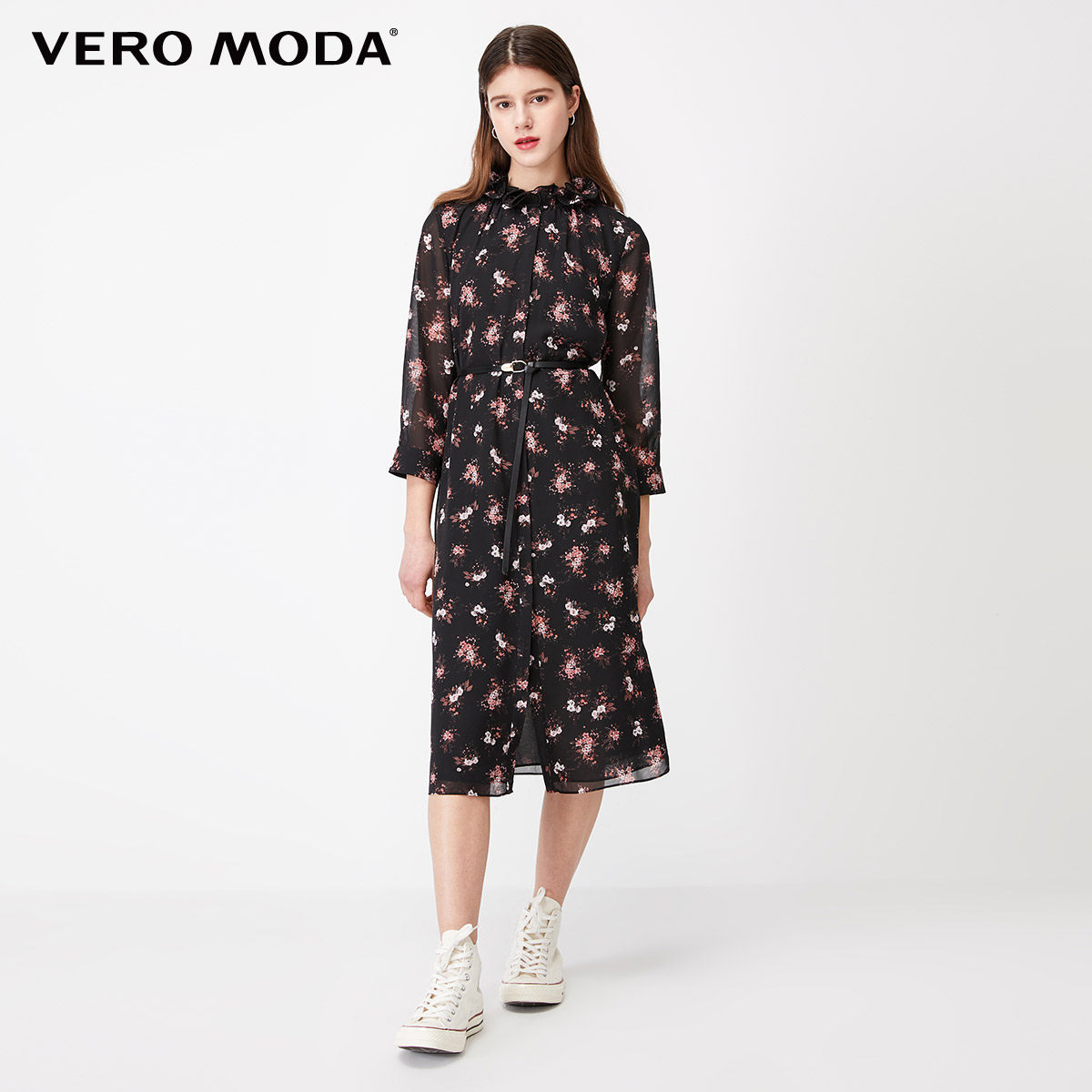 veromoda春夏新款木耳耳边装饰领口飘带碎花连衣裙