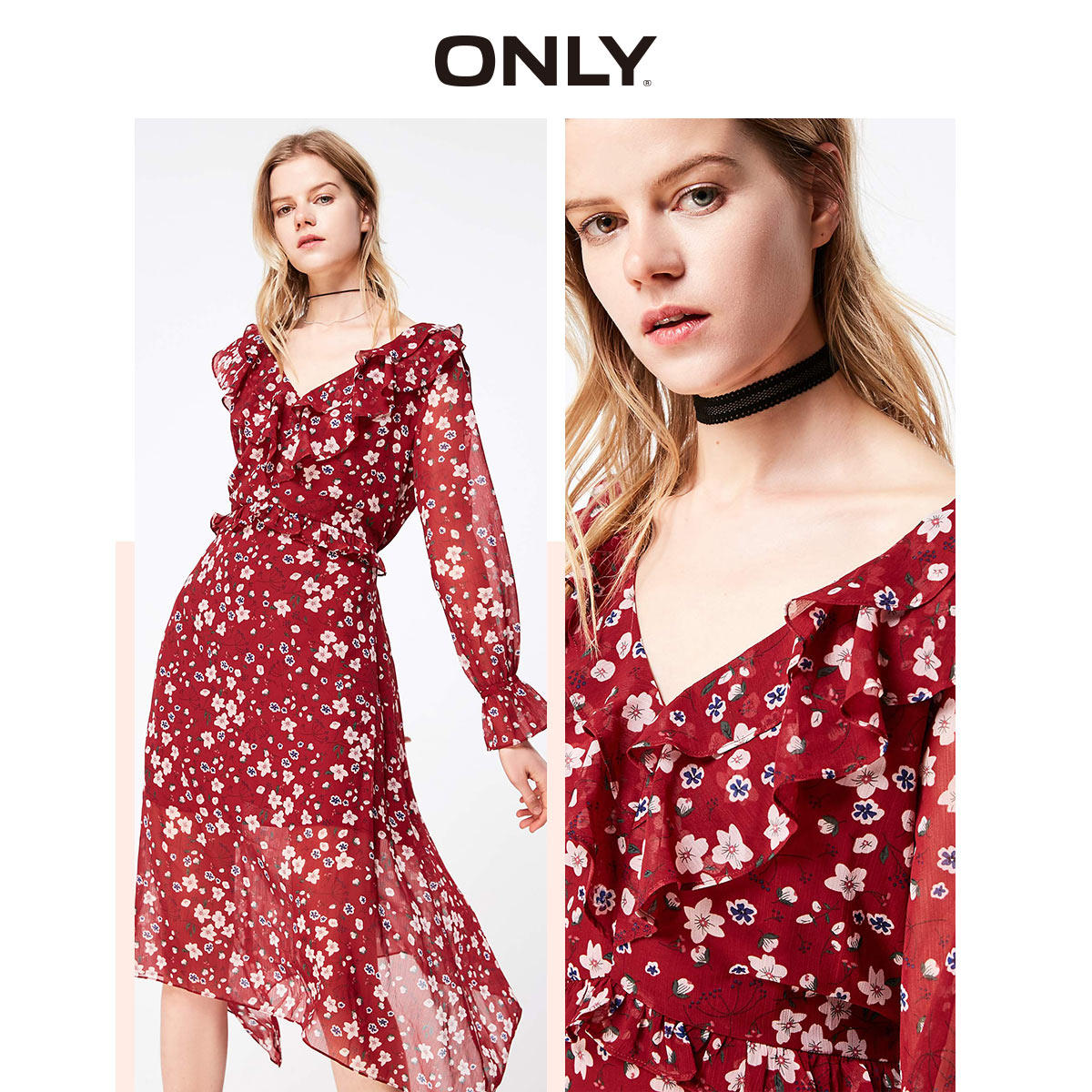 only奥莱秋季新款红色长裙碎花雪纺连衣裙119307509连衣裙