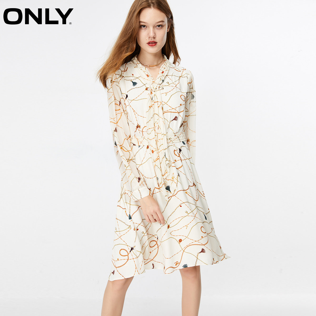 only春夏新款时尚洋气复古裙子印花雪纺长袖连衣裙