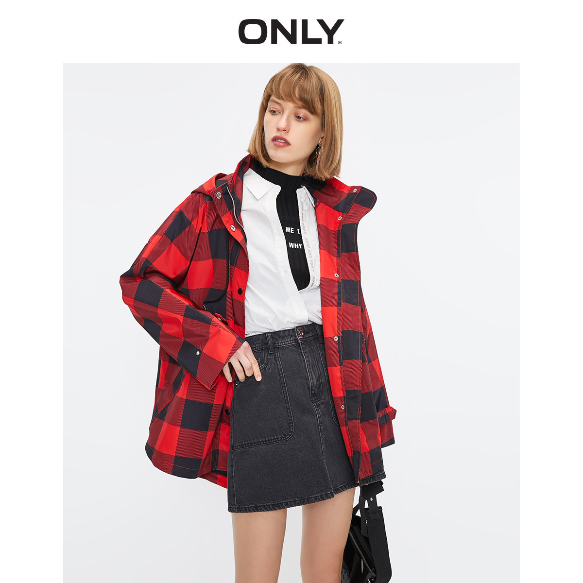 only春季新款格纹连宽松街头百搭外套120136507风衣